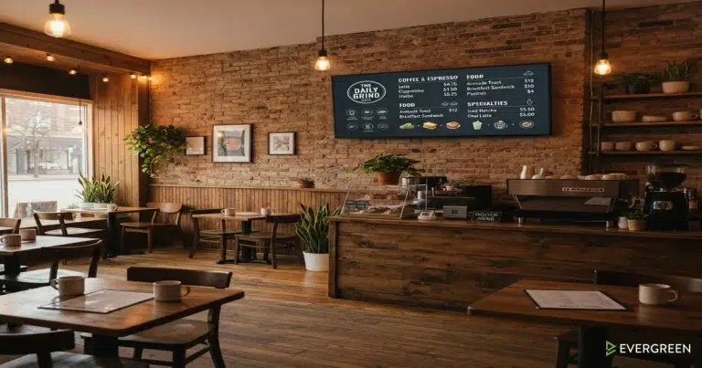 digital signage worth it small restaurant — cozy restaurant with digital menu board