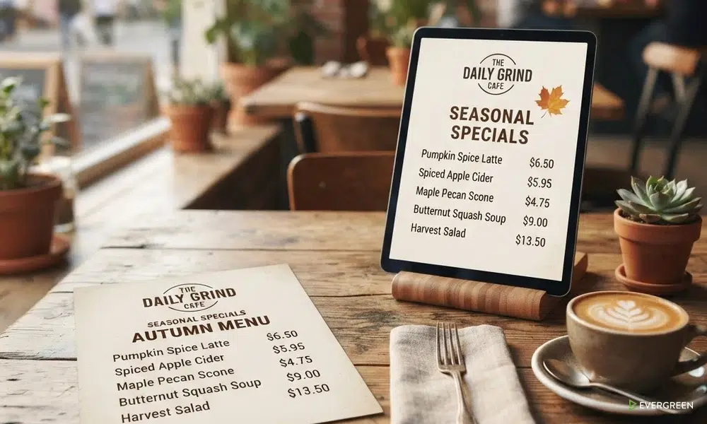 keep your menu consistent: printed menu card beside a tablet showing the same seasonal specials and prices