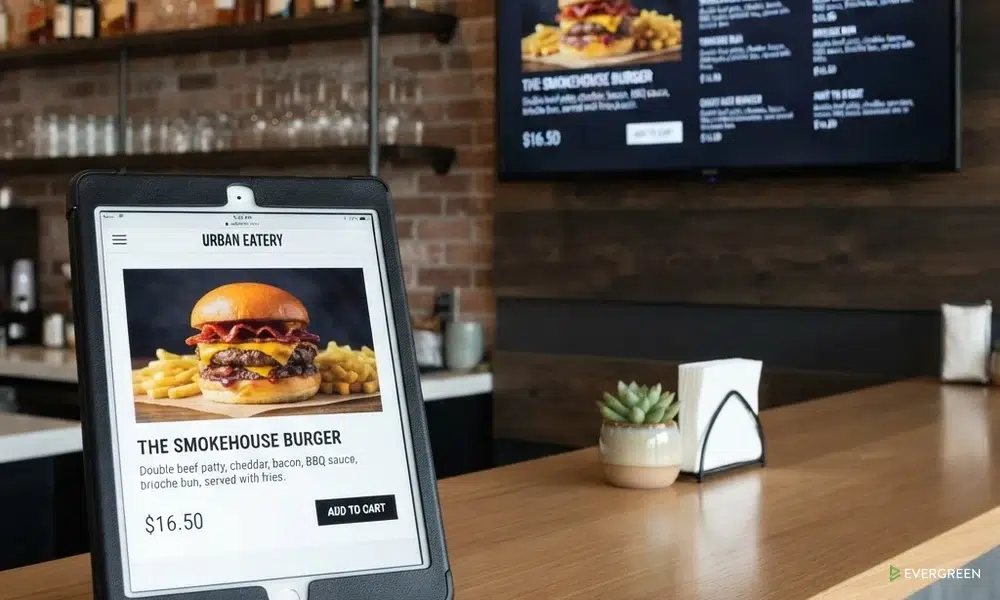 keep your menu consistent: tablet website menu beside wall TV menu board showing identical burger listing and matching price
