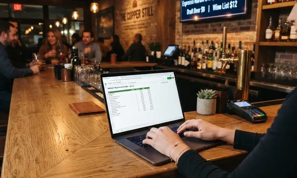 digital menu display — manager updating the menu remotely on a laptop while the wall screen refreshes