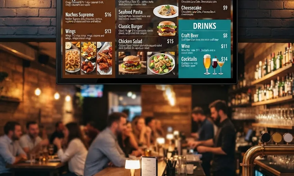 digital menu display — large screen above a restaurant counter showing menu sections with photos and prices
