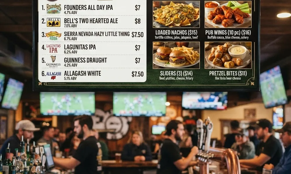 digital menu boards for sports bars — screen showing craft beer list with prices and game day food specials