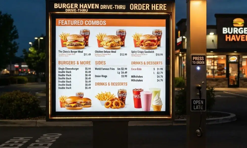 Digital Menu Boards for QSR and Fast Casual Restaurants digital menu boards for QSR — drive-thru menu screen showing combo meals and prices