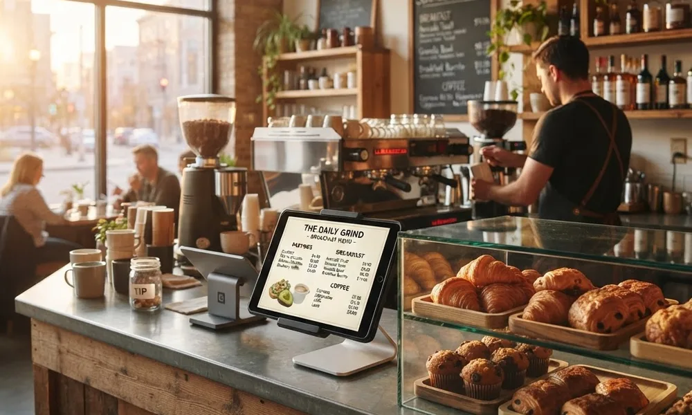 Digital Menu Boards for Cafés: Small Screens, Big Margins digital menu boards for cafes — tablet at a barista counter showing a breakfast menu with pastries