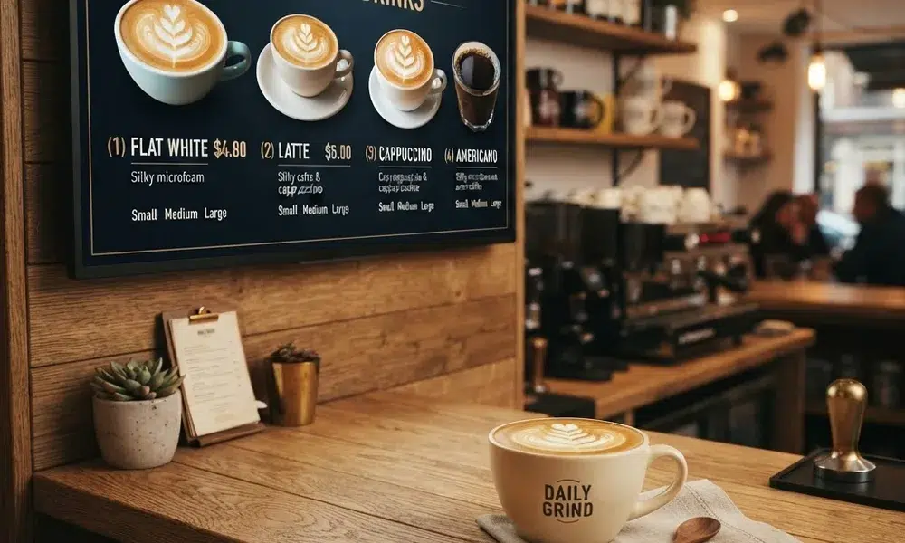 Digital Menu Boards for Cafés: Small Screens, Big Margins digital menu boards for cafes — cafe screen showing espresso drinks with sizes and prices beside a latte