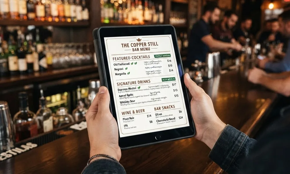How to Write a Bar Menu That Sells More Drinks how to write a bar menu — tablet showing a structured cocktail menu with sections and margin highlights