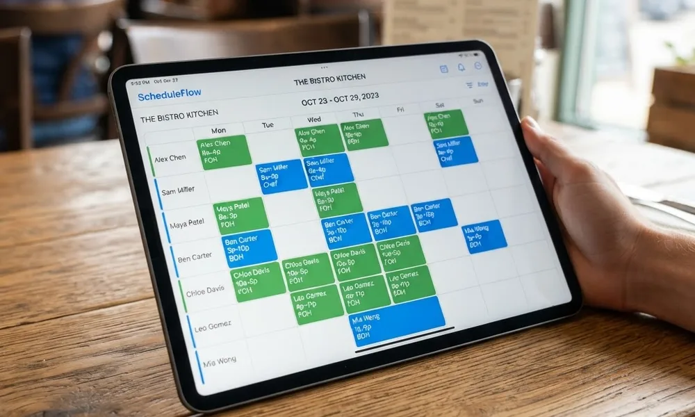 Restaurant Staff Scheduling: A Complete Manager's Guide restaurant staff scheduling — tablet showing a weekly schedule app with color-coded shift blocks