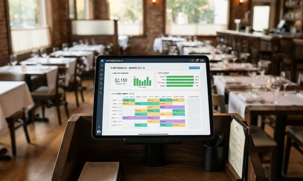 Restaurant Staff Scheduling: A Complete Manager's Guide restaurant staff scheduling — tablet on a host stand showing shift coverage and labor cost dashboard