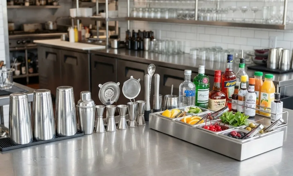 Bar Staff Training Checklist: 25 Steps to a Sharp Team bar staff training checklist — bar station with jiggers, shakers and garnish trays arranged for training