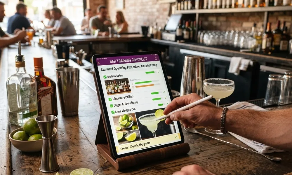 Bar Staff Training Checklist: 25 Steps to a Sharp Team bar staff training checklist — tablet showing a training checklist app with checkable sections