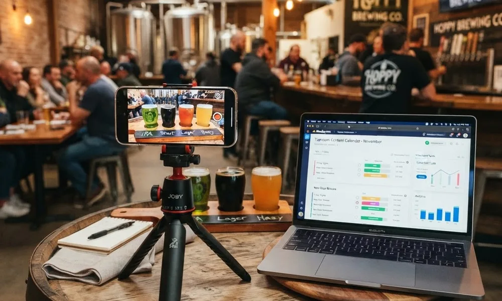 Brewery Marketing Strategy: 12 Ideas That Fill Taprooms brewery marketing strategy — smartphone filming a beer flight with a content calendar on a laptop