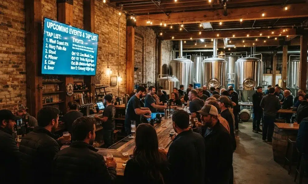 Brewery Marketing Strategy: 12 Ideas That Fill Taprooms brewery marketing strategy — brewery event night with guests and a screen showing upcoming events